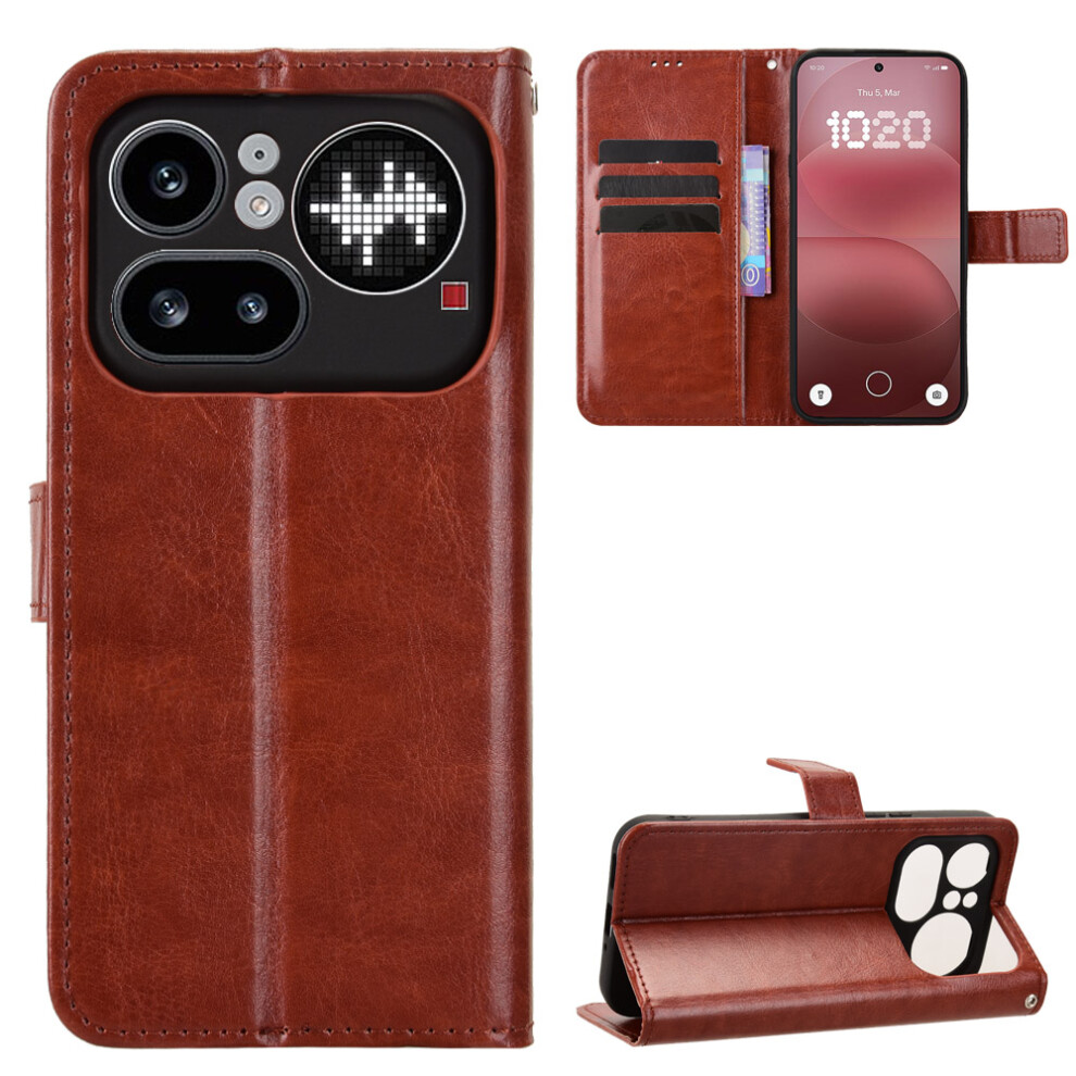 (Brown) Phone Cover For Nothing Phone (4A) Pro Pu Leather Case With Strap Crazy Horse Texture Phone Wallet C Brown 6914296794557