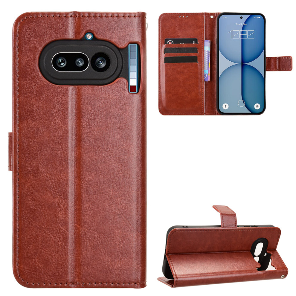 (Brown) Phone Cover For Nothing Phone (4A) Pu Leather Case With Strap Crazy Horse Texture Phone Wallet Cover Brown 6914292120947