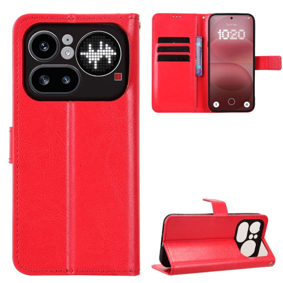 (Red) Phone Cover For Nothing Phone (4A) Pro Pu Leather Case With Strap Crazy Horse Texture Phone Wallet C Red 6914294921191