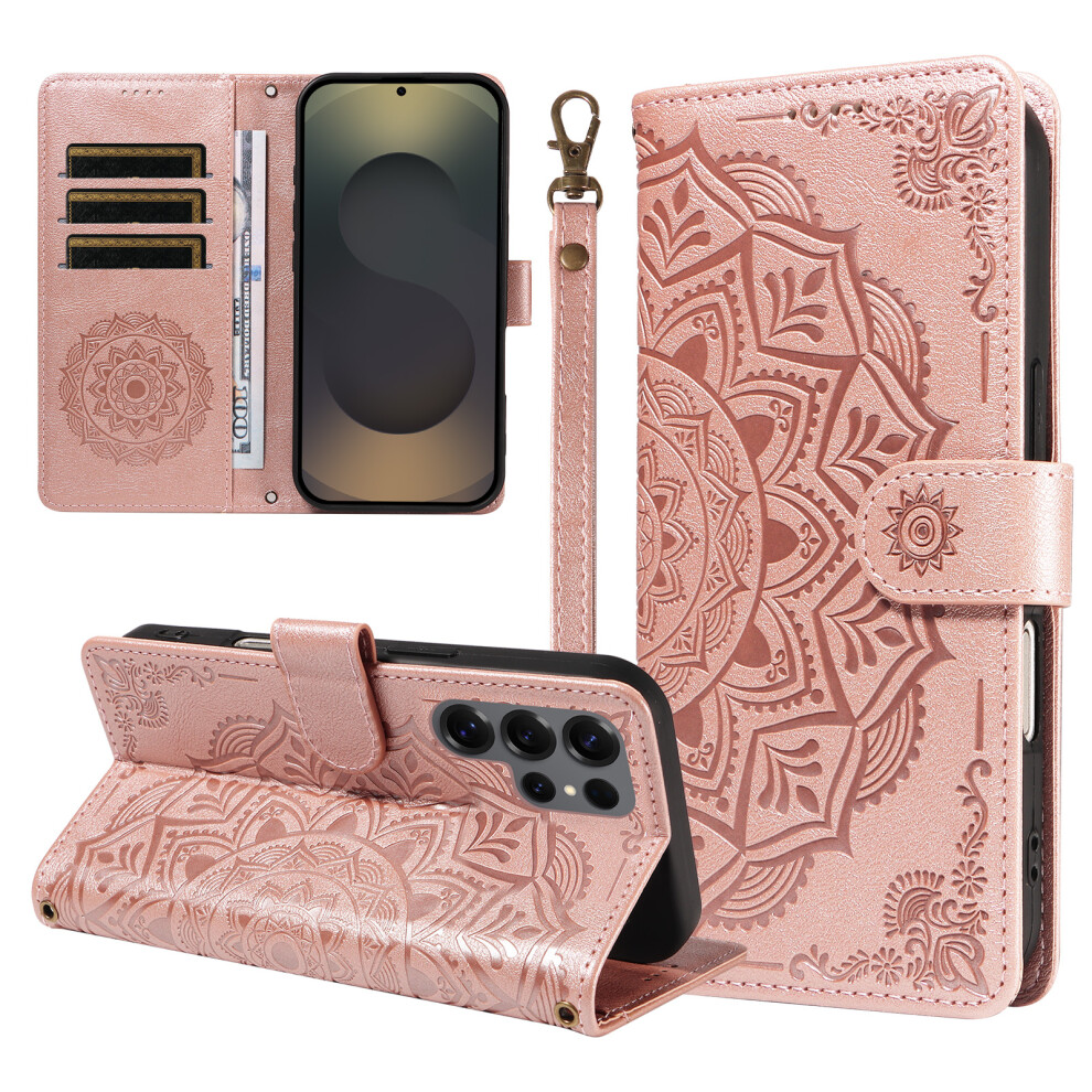 (Rose ) Phone Cover For Samsung Galaxy S25 Ultra Wallet Case Embossed Mandala Pattern Pu Leather + Tpu Cover Gold 6914295661072