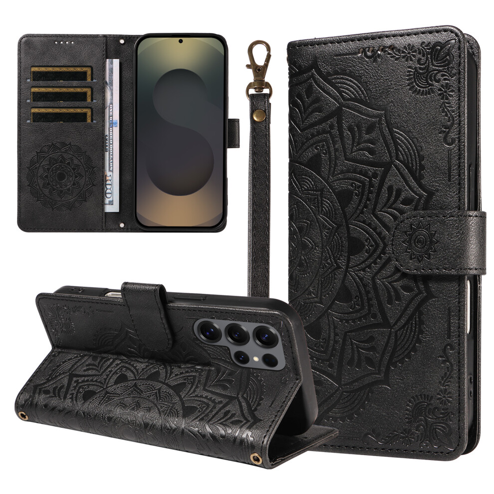 (Black) Phone Cover For Samsung Galaxy S25 Ultra Wallet Case Embossed Mandala Pattern Pu Leather + Tpu Cover Black 6914295914765