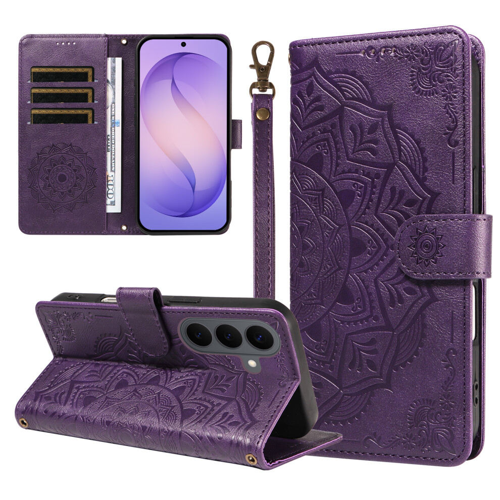 (Purple) Phone Cover For Samsung Galaxy S26 Wallet Case Embossed Mandala Pattern Pu Leather + Tpu Cover With Purple 6914293997845