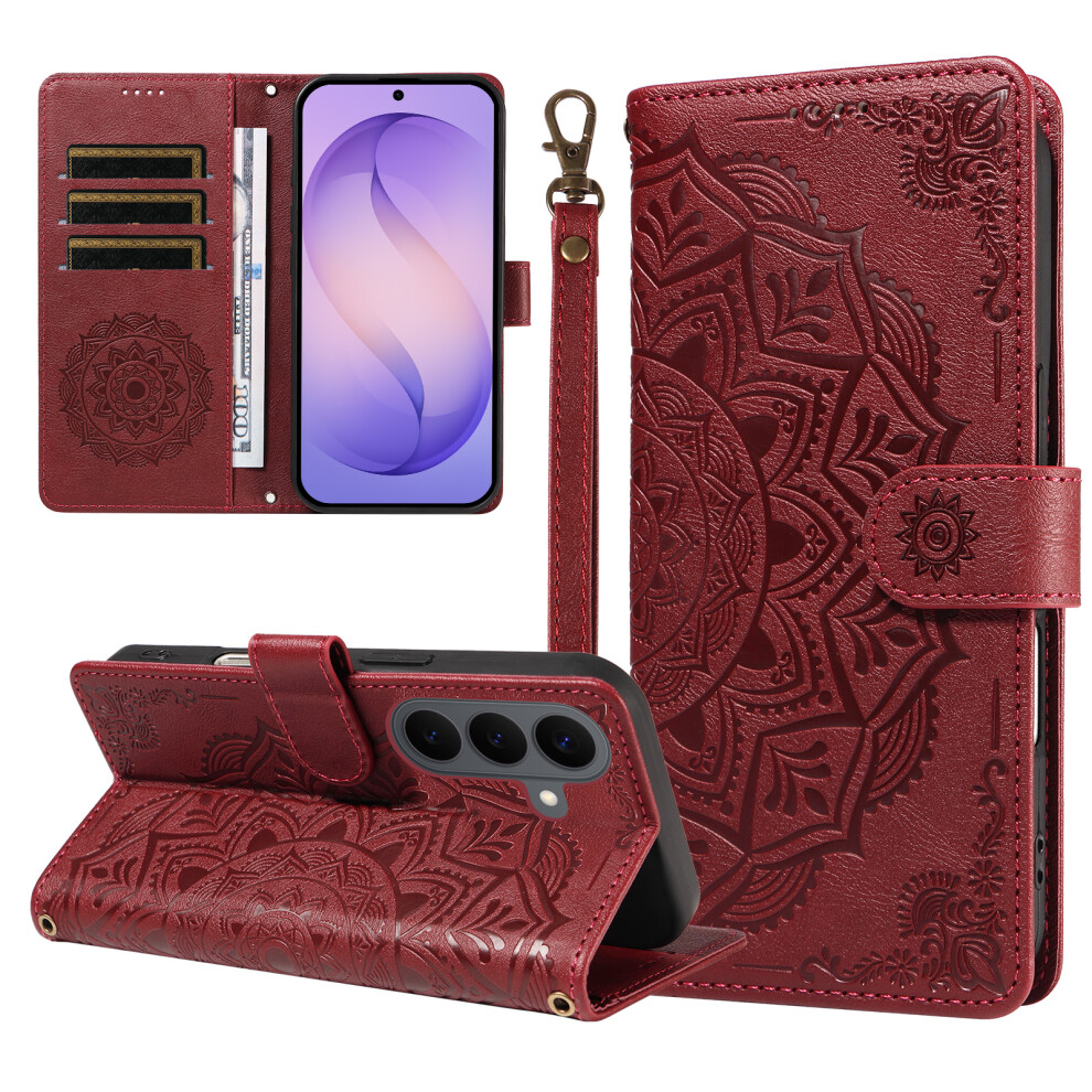 (Wine ) Phone Cover For Samsung Galaxy S26 Wallet Case Embossed Mandala Pattern Pu Leather + Tpu Cover With Red 6914298115275
