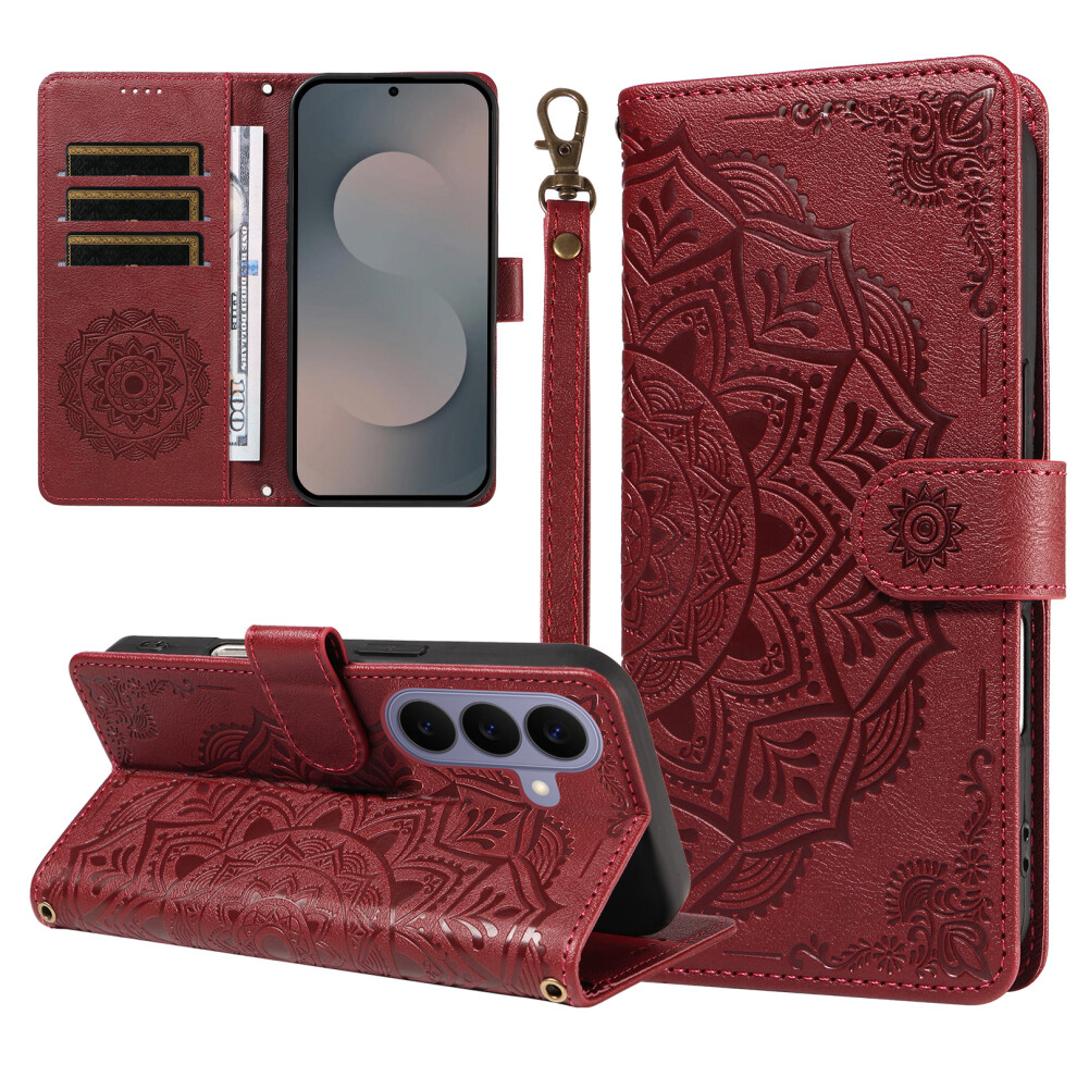 (Wine ) Phone Cover For Samsung Galaxy S26+ Wallet Case Embossed Mandala Pattern Pu Leather + Tpu Cover With Red 6914296447132