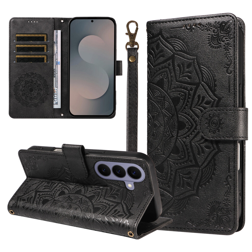 (Black) Phone Cover For Samsung Galaxy S26+ Wallet Case Embossed Mandala Pattern Pu Leather + Tpu Cover With Black 6914295487368