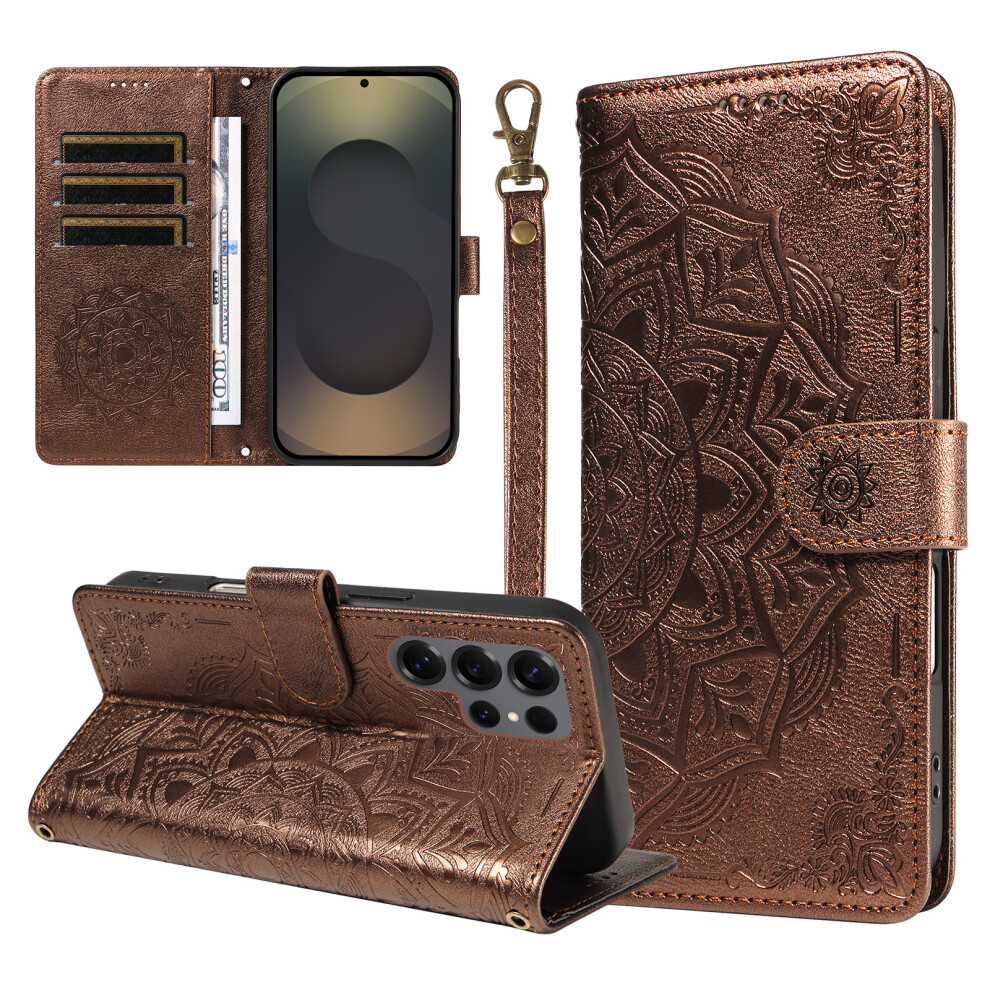 (Brown) Phone Cover For Samsung Galaxy S25 Ultra Wallet Case Embossed Mandala Pattern Pu Leather + Tpu Cover Brown 6914293736338