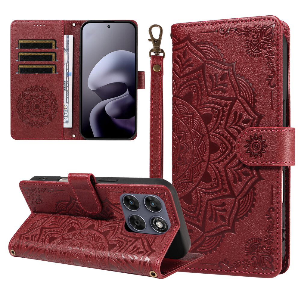 (Wine ) Phone Cover For Motorola Moto G77 5G / Motorola Moto G67 5G Wallet Case Embossed Mandala Pattern Pu Red 6914299883913
