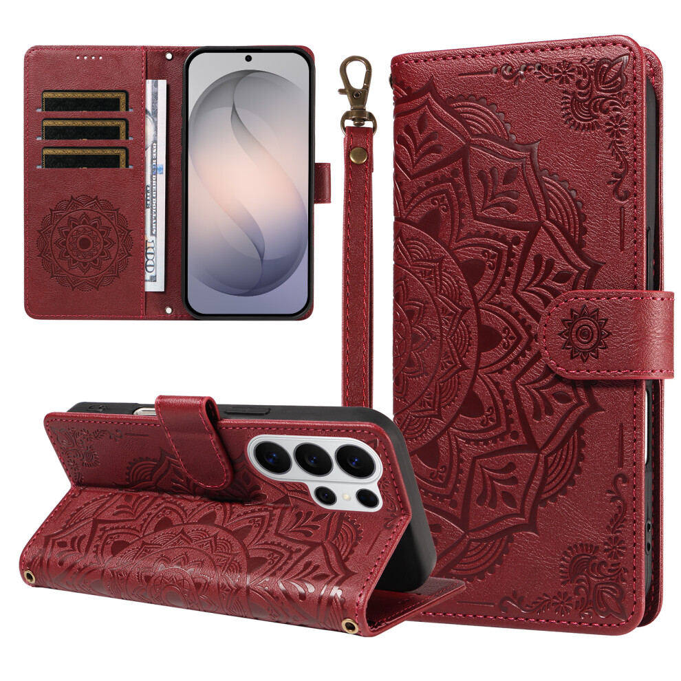 (Wine ) Phone Cover For Samsung Galaxy S26 Ultra Wallet Case Embossed Mandala Pattern Pu Leather + Tpu Cover Red 6914290341092