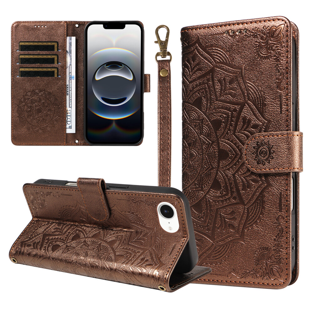 (Brown) Phone Cover For Iphone 16E / Iphone 17E Wallet Case Embossed Mandala Pattern Pu Leather + Tpu Cover Brown 6914297119724