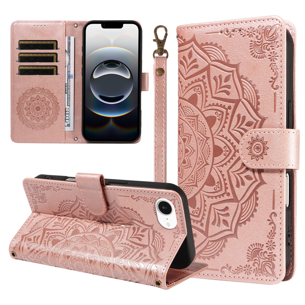 (Rose ) Phone Cover For Iphone 16E / Iphone 17E Wallet Case Embossed Mandala Pattern Pu Leather + Tpu Cover Gold 6914295980890