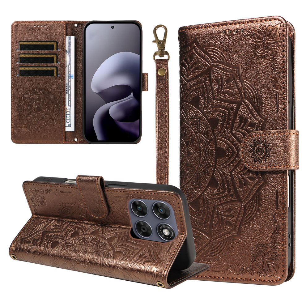 (Brown) Phone Cover For Motorola Moto G77 5G / Motorola Moto G67 5G Wallet Case Embossed Mandala Pattern Pu Brown 6914296714845