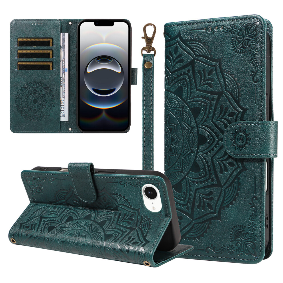 (Green) Phone Cover For Iphone 16E / Iphone 17E Wallet Case Embossed Mandala Pattern Pu Leather + Tpu Cover Green 6914296940664