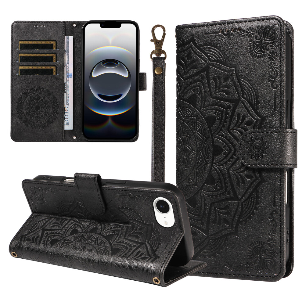 (Black) Phone Cover For Iphone 16E / Iphone 17E Wallet Case Embossed Mandala Pattern Pu Leather + Tpu Cover Black 6914290558995