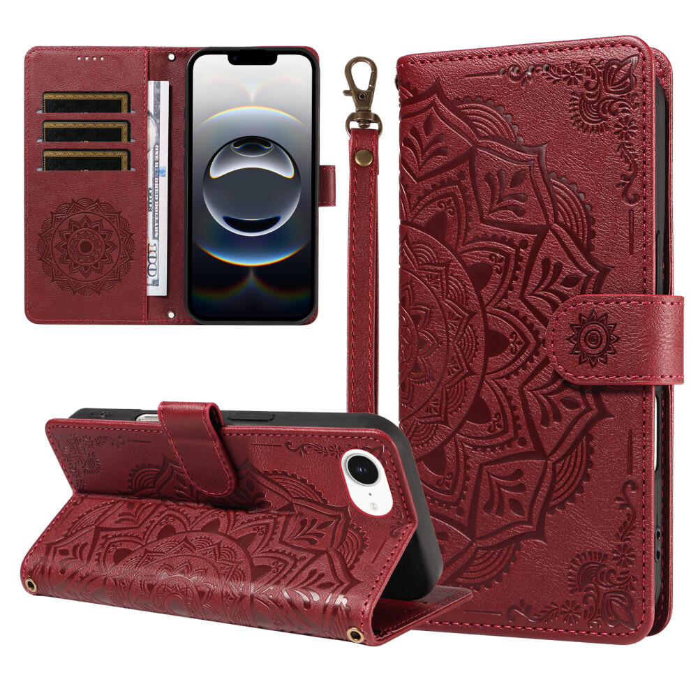 (Wine ) Phone Cover For Iphone 16E / Iphone 17E Wallet Case Embossed Mandala Pattern Pu Leather + Tpu Cover Red 6914293887641