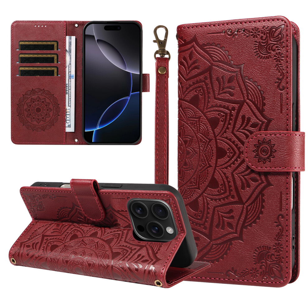 (Wine ) Phone Cover For Iphone 16 Pro Wallet Case Embossed Mandala Pattern Pu Leather + Tpu Cover With Wrist Red 6914291909093
