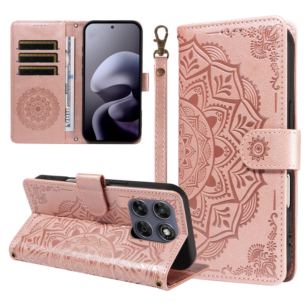 (Rose ) Phone Cover For Motorola Moto G77 5G / Motorola Moto G67 5G Wallet Case Embossed Mandala Pattern Pu Gold 6914291538033