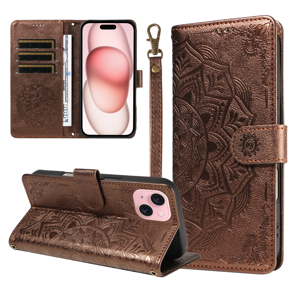 (Brown) Phone Cover For Iphone 15 Wallet Case Embossed Mandala Pattern Pu Leather + Tpu Cover With Wrist Str Brown 6914298174104