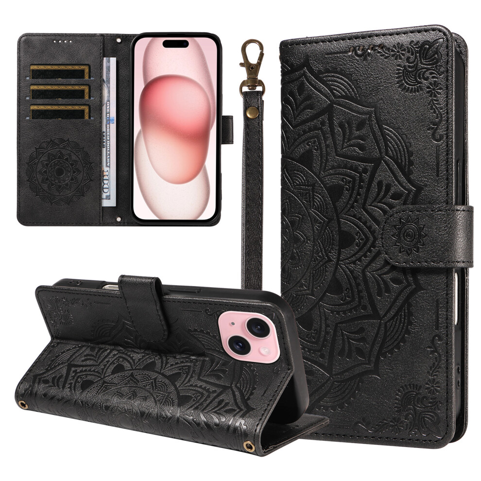(Black) Phone Cover For Iphone 15 Wallet Case Embossed Mandala Pattern Pu Leather + Tpu Cover With Wrist Str Black 6914292679391