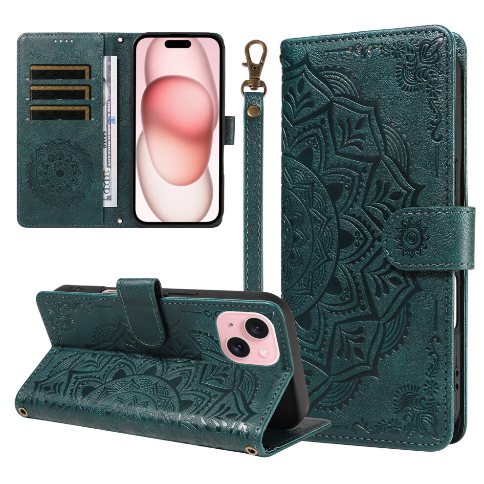 (Green) Phone Cover For Iphone 15 Wallet Case Embossed Mandala Pattern Pu Leather + Tpu Cover With Wrist Str Green 6914296982664