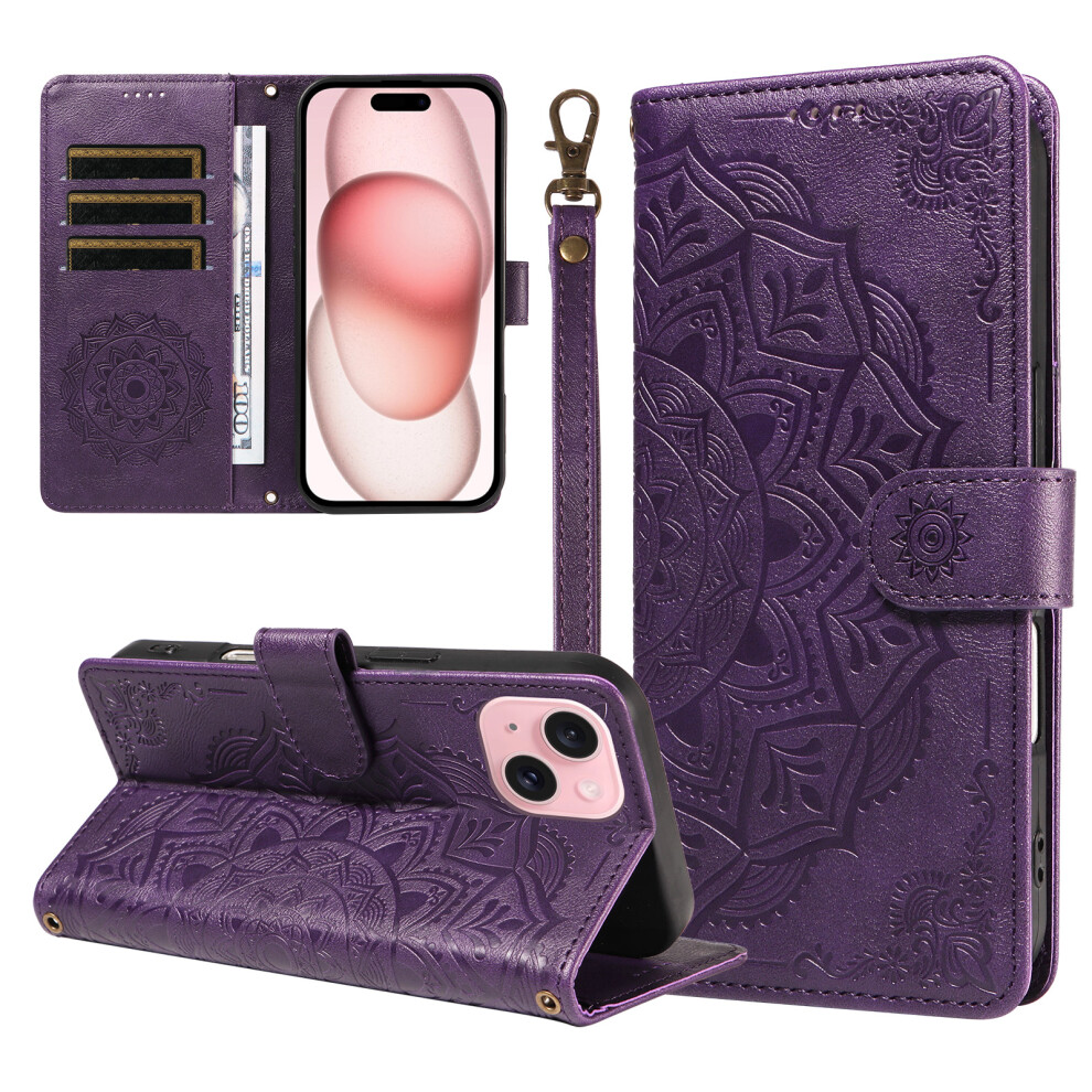 (Purple) Phone Cover For Iphone 15 Wallet Case Embossed Mandala Pattern Pu Leather + Tpu Cover With Wrist Str Purple 6914291850265