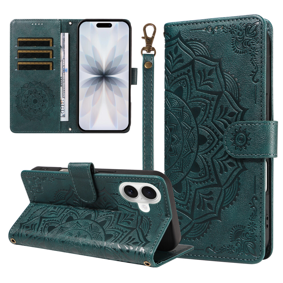(Green) Phone Cover For Iphone 17 Wallet Case Embossed Mandala Pattern Pu Leather + Tpu Cover With Wrist Str Green 6914294847415