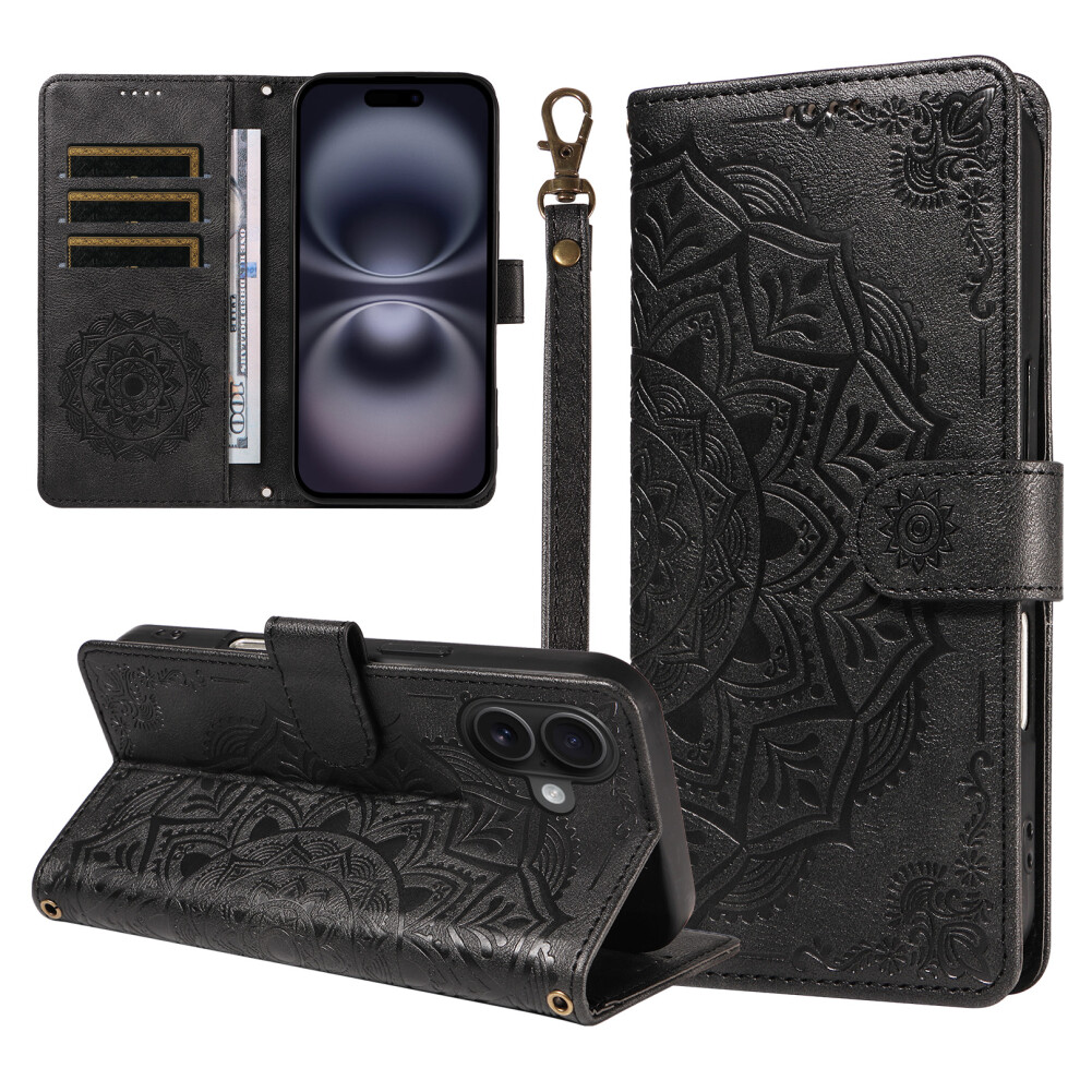 (Black) Phone Cover For Iphone 16 Wallet Case Embossed Mandala Pattern Pu Leather + Tpu Cover With Wrist Str Black 6914292450686
