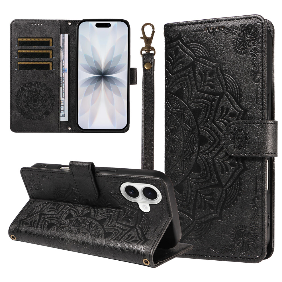 (Black) Phone Cover For Iphone 17 Wallet Case Embossed Mandala Pattern Pu Leather + Tpu Cover With Wrist Str Black 6914292135859