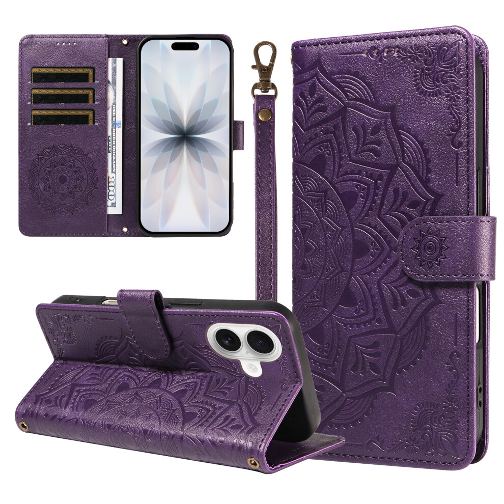 (Purple) Phone Cover For Iphone 17 Wallet Case Embossed Mandala Pattern Pu Leather + Tpu Cover With Wrist Str Purple 6914297482163
