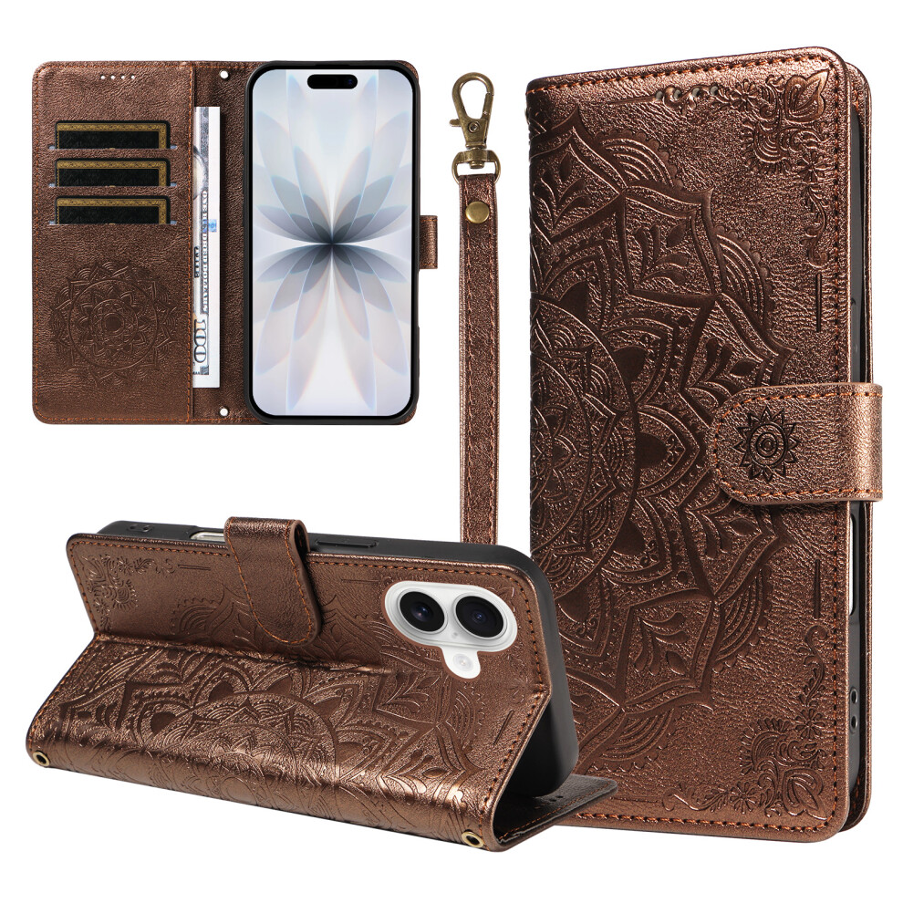 (Brown) Phone Cover For Iphone 17 Wallet Case Embossed Mandala Pattern Pu Leather + Tpu Cover With Wrist Str Brown 6914297900438