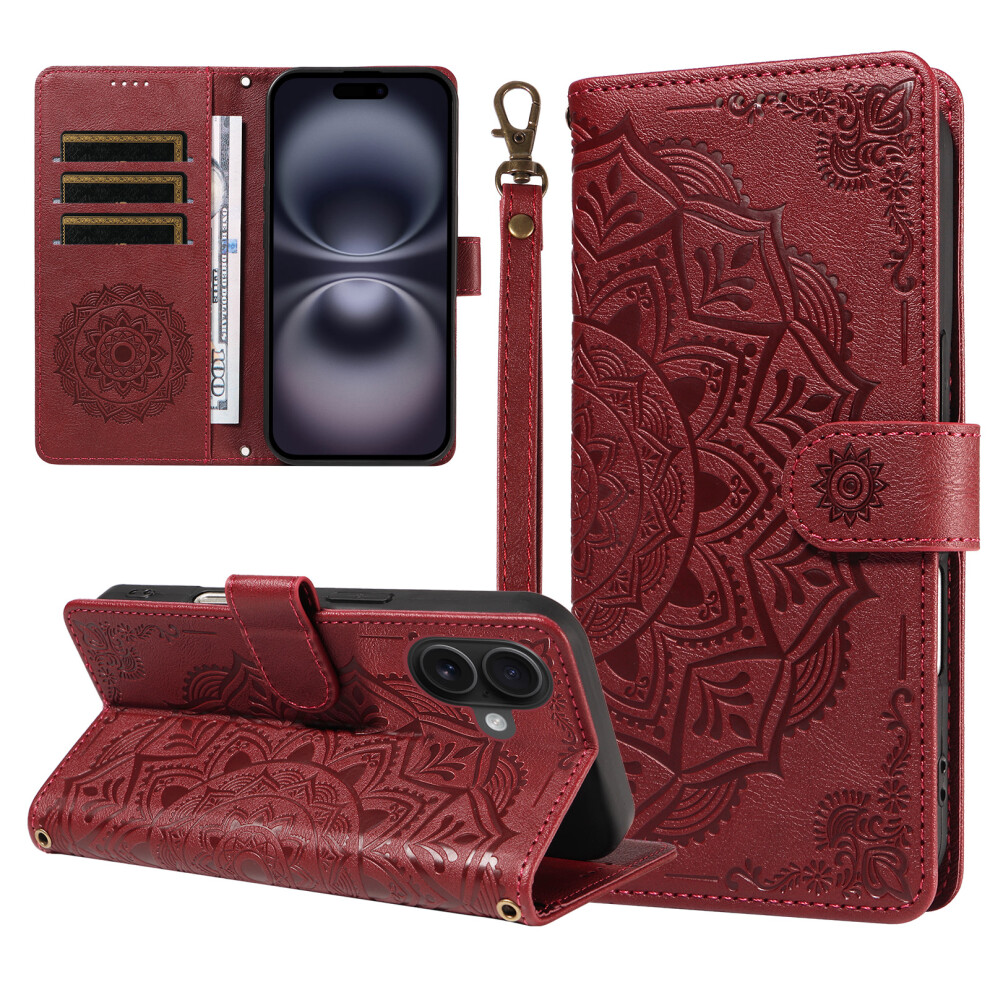 (Wine ) Phone Cover For Iphone 16 Wallet Case Embossed Mandala Pattern Pu Leather + Tpu Cover With Wrist Str Red 6914290173549