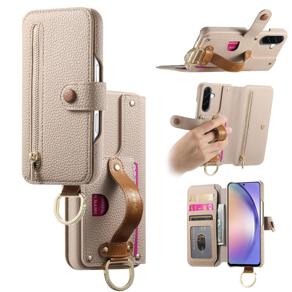 (Khaki) Phone Cover For Samsung Galaxy A27 Case Rfid Blocking Zipper Wallet Pu Leather Mobile Cover 6914294413641