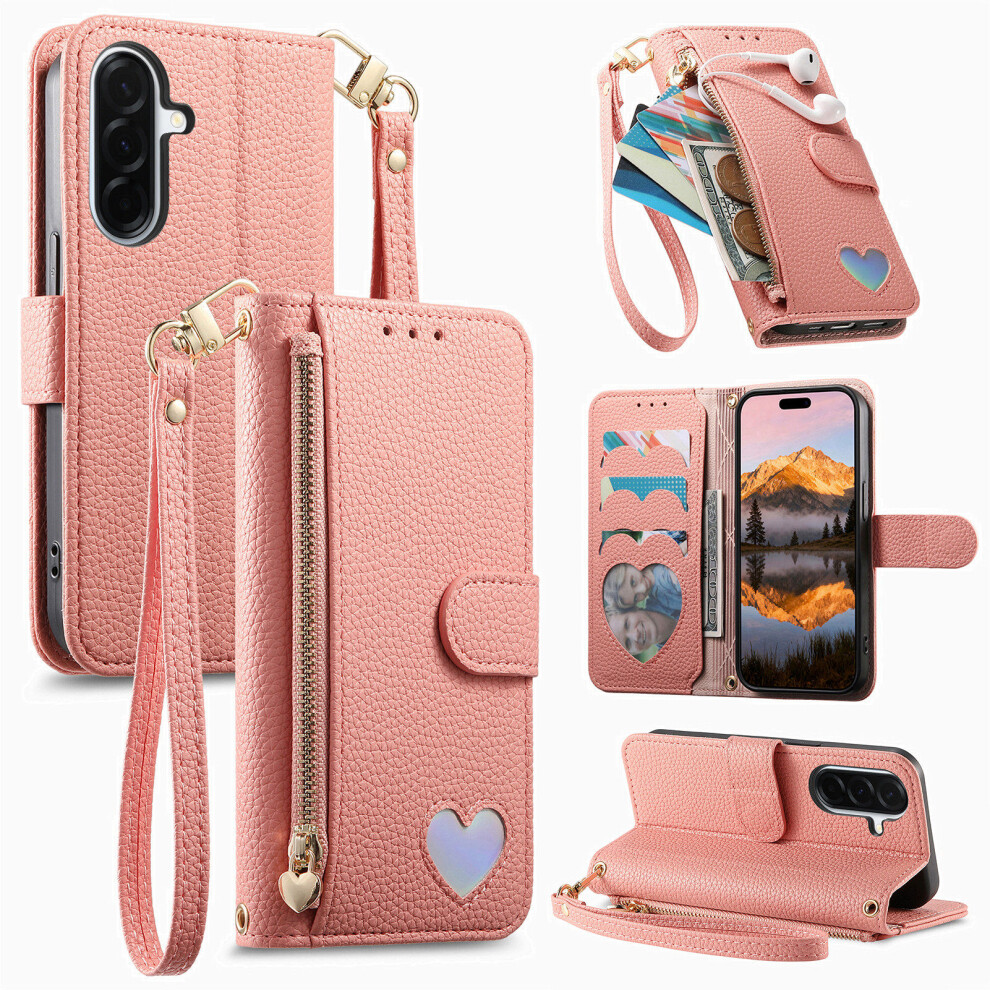 (Pink) Phone Cover For Samsung Galaxy A27 Case Zipper Pocket Tpu Pu Leather Wallet Phone Cover With Strap Pink 6914290616381