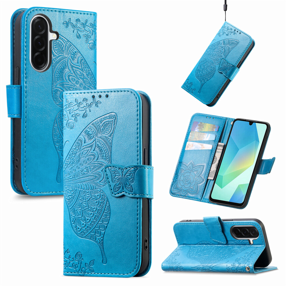 (Blue) Phone Cover For Samsung Galaxy A27 Case With Strap Butterfly Pattern Pu Leather Wallet Phone Cover Blue 6914296156287