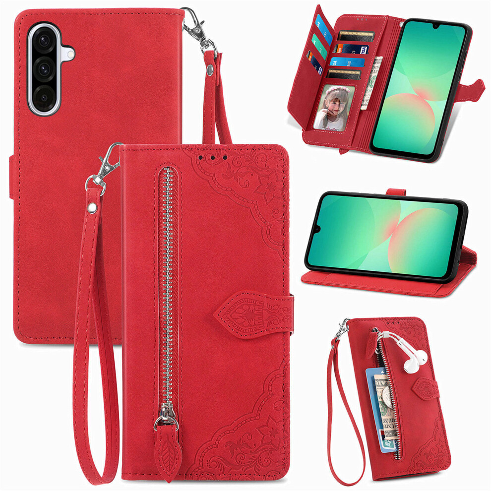 (Red) Phone Cover For Samsung Galaxy A27 Zipper Wallet Case With Strap Flower Imprint Pu Leather Phone Co Red 6914297639727