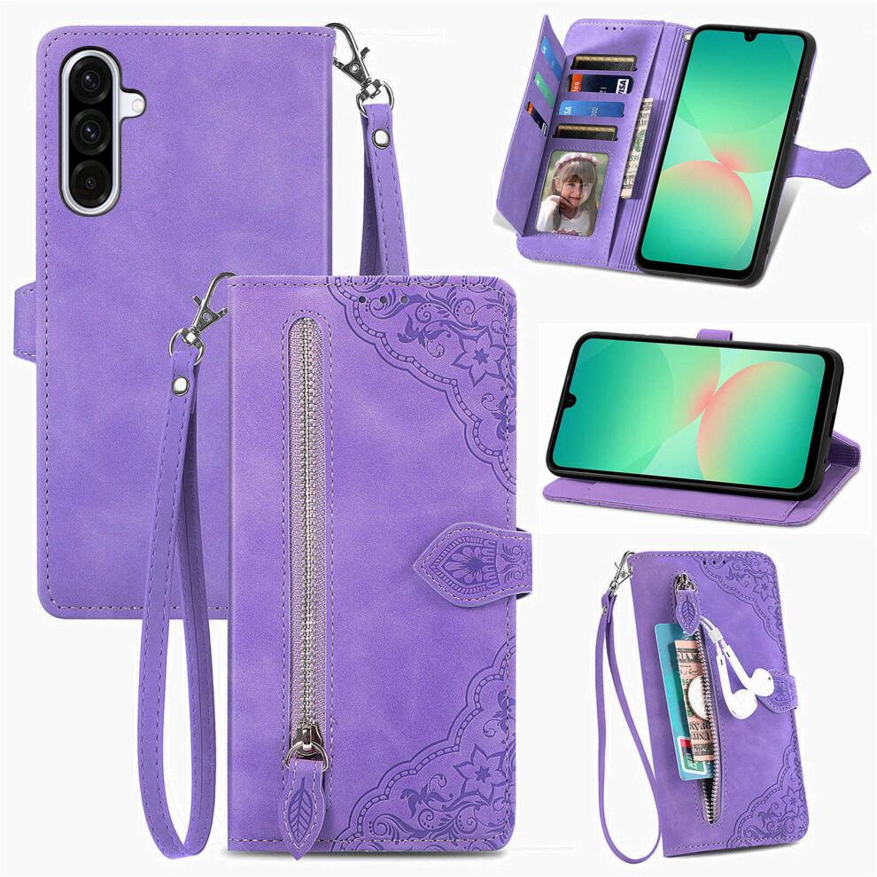 (Purple) Phone Cover For Samsung Galaxy A27 Zipper Wallet Case With Strap Flower Imprint Pu Leather Phone Co Purple 6914298804551