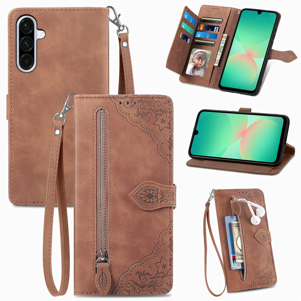 (Brown) Phone Cover For Samsung Galaxy A27 Zipper Wallet Case With Strap Flower Imprint Pu Leather Phone Co Brown 6914299295624
