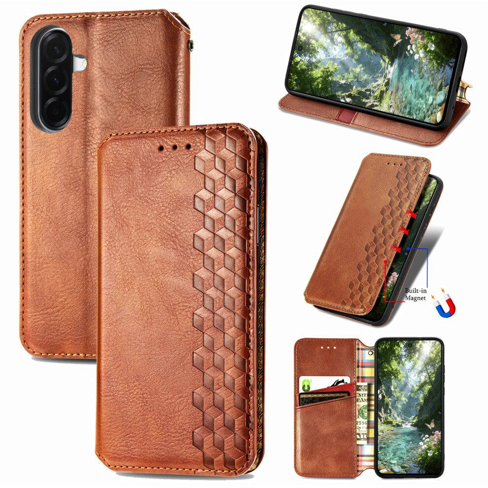 (Brown) Phone Cover For Samsung Galaxy A27 Case Rhombus Imprint Pu Leather Wallet Phone Cover Brown 6914294476349