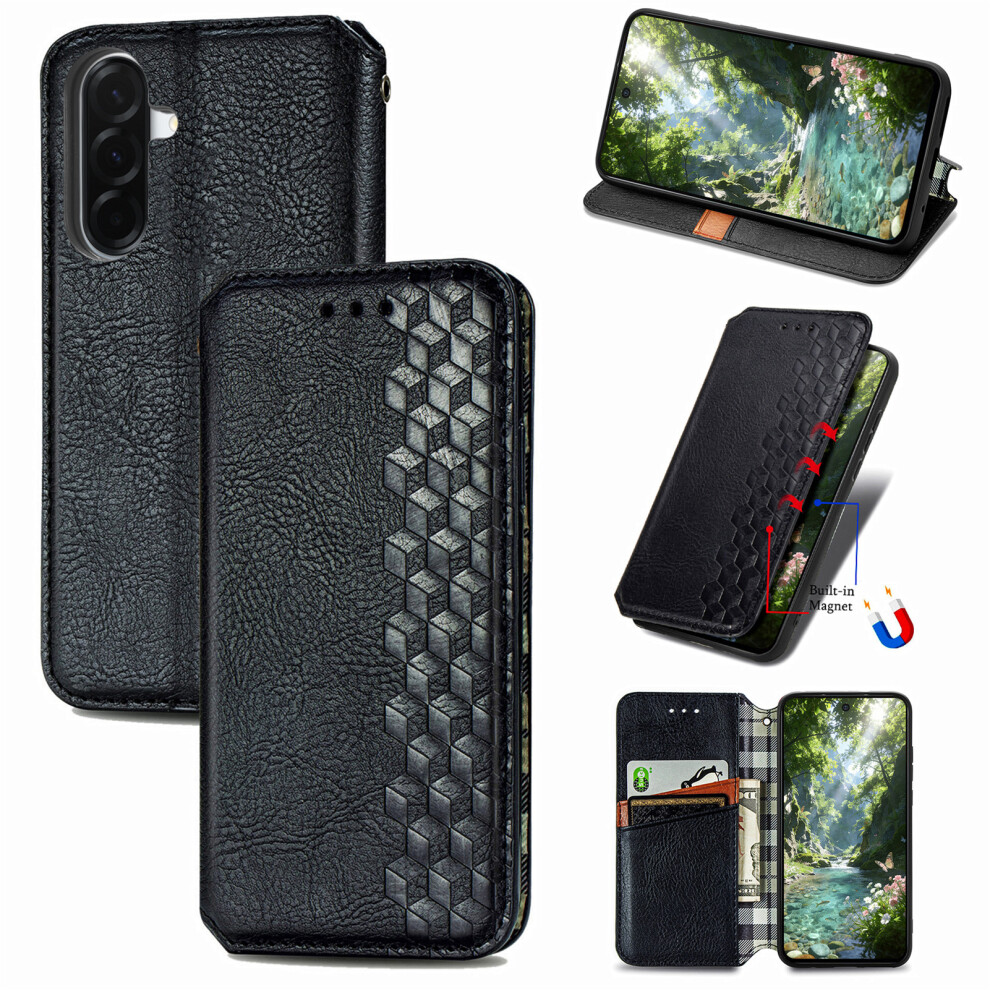 (Black) Phone Cover For Samsung Galaxy A27 Case Rhombus Imprint Pu Leather Wallet Phone Cover Black 6914294084995