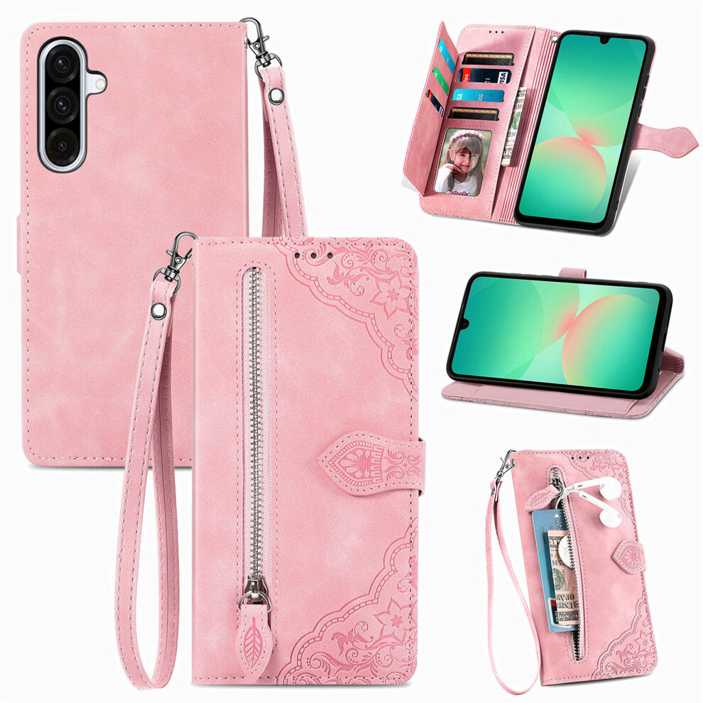 (Pink) Phone Cover For Samsung Galaxy A27 Zipper Wallet Case With Strap Flower Imprint Pu Leather Phone Co Pink 6914295600651
