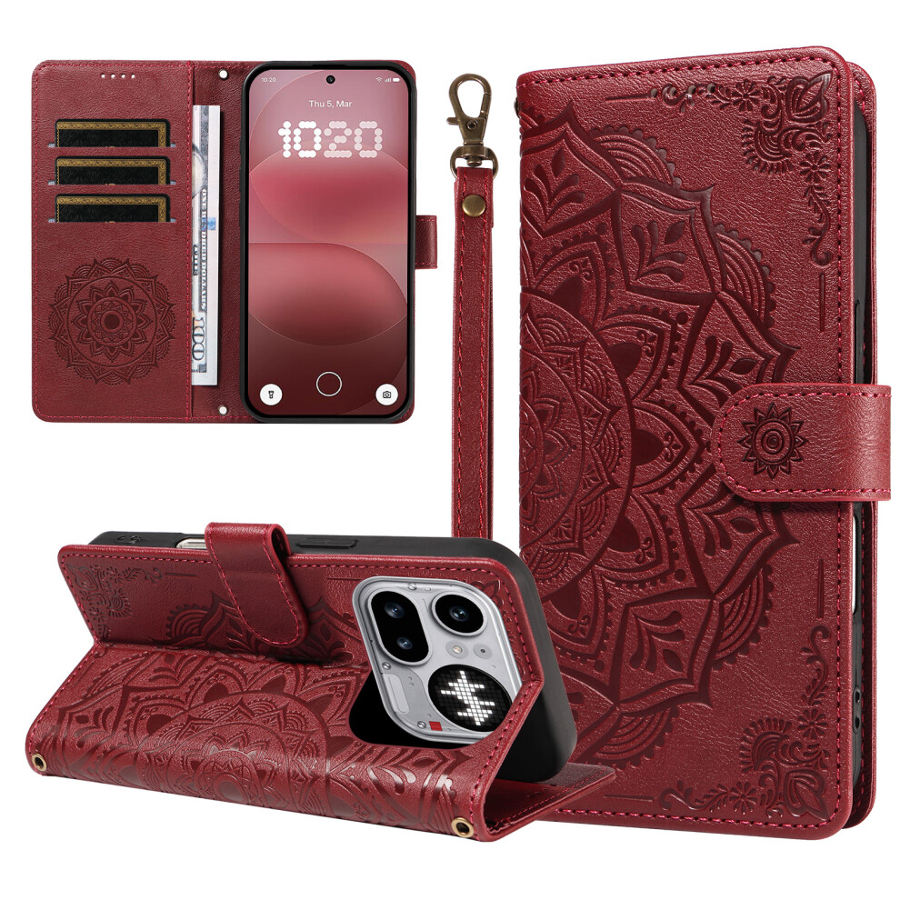 (Wine ) Phone Cover For Nothing Phone (4A) Pro Wallet Case Embossed Mandala Pattern Pu Leather + Tpu Cover Red 6914292550232