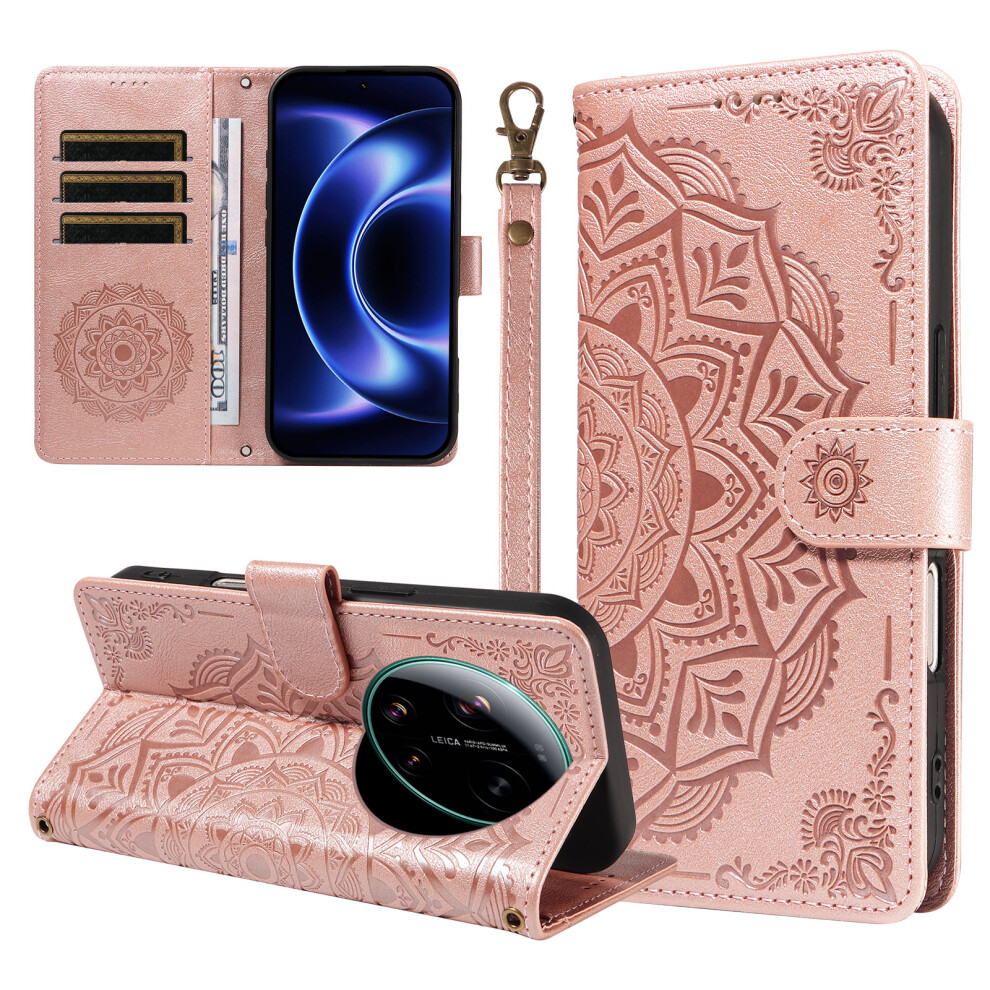 (Rose ) Phone Cover For Xiaomi 17 Ultra 5G Wallet Case Embossed Mandala Pattern Pu Leather + Tpu Cover With Gold 6914292971495