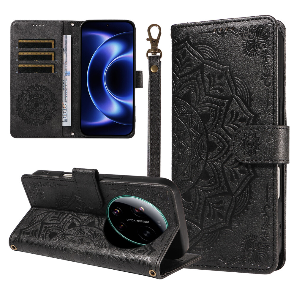 (Black) Phone Cover For Xiaomi 17 Ultra 5G Wallet Case Embossed Mandala Pattern Pu Leather + Tpu Cover With Black 6914296797497