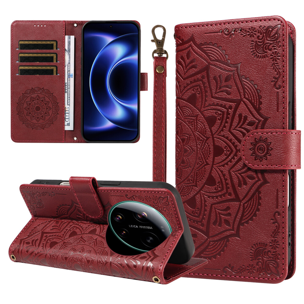 (Wine ) Phone Cover For Xiaomi 17 Ultra 5G Wallet Case Embossed Mandala Pattern Pu Leather + Tpu Cover With Red 6914299107361