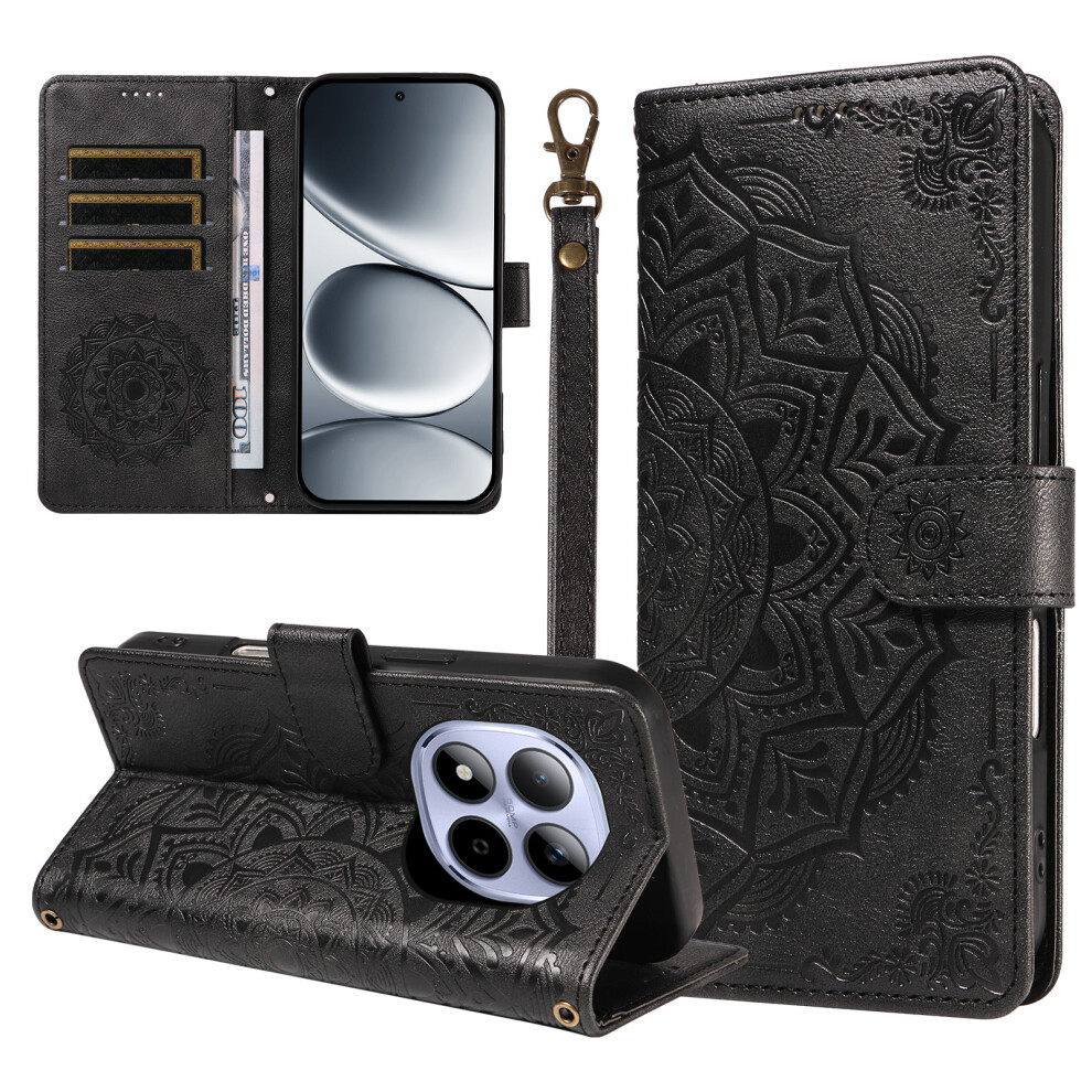 (Black) Phone Cover For Xiaomi Redmi Note 15 Pro 5G (Global) Wallet Case Embossed Mandala Pattern Pu Leathe Black 6914295611848
