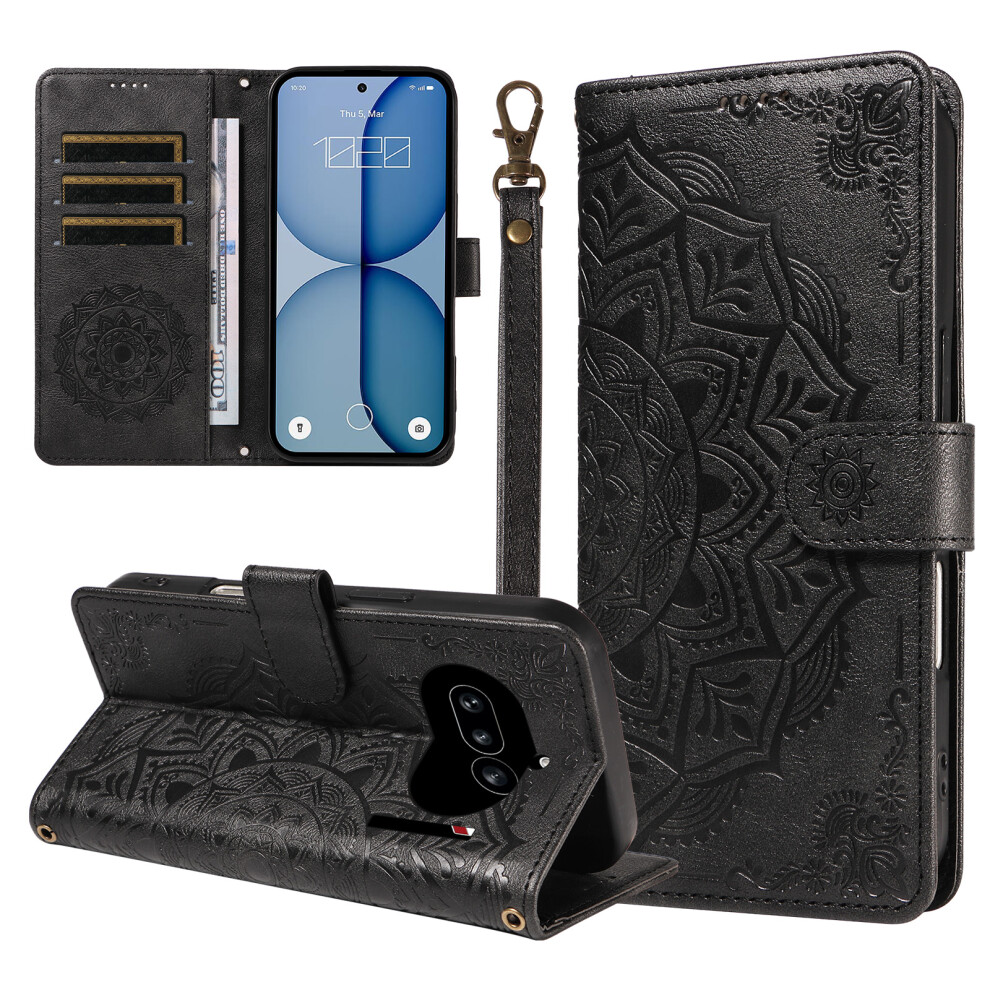 (Black) Phone Cover For Nothing Phone (4A) Wallet Case Embossed Mandala Pattern Pu Leather + Tpu Cover With Black 6914293077240