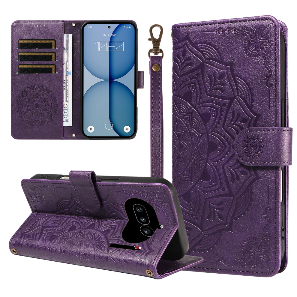 (Purple) Phone Cover For Nothing Phone (4A) Wallet Case Embossed Mandala Pattern Pu Leather + Tpu Cover With Purple 6914293136619