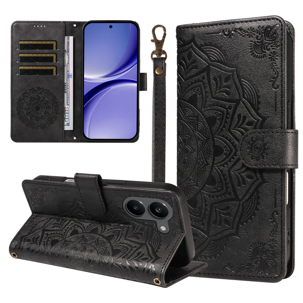 (Black) Phone Cover For Xiaomi Poco X8 Pro 5G / Xiaomi Redmi Turbo 5 5G Wallet Case Embossed Mandala Patter Black 6914298890745