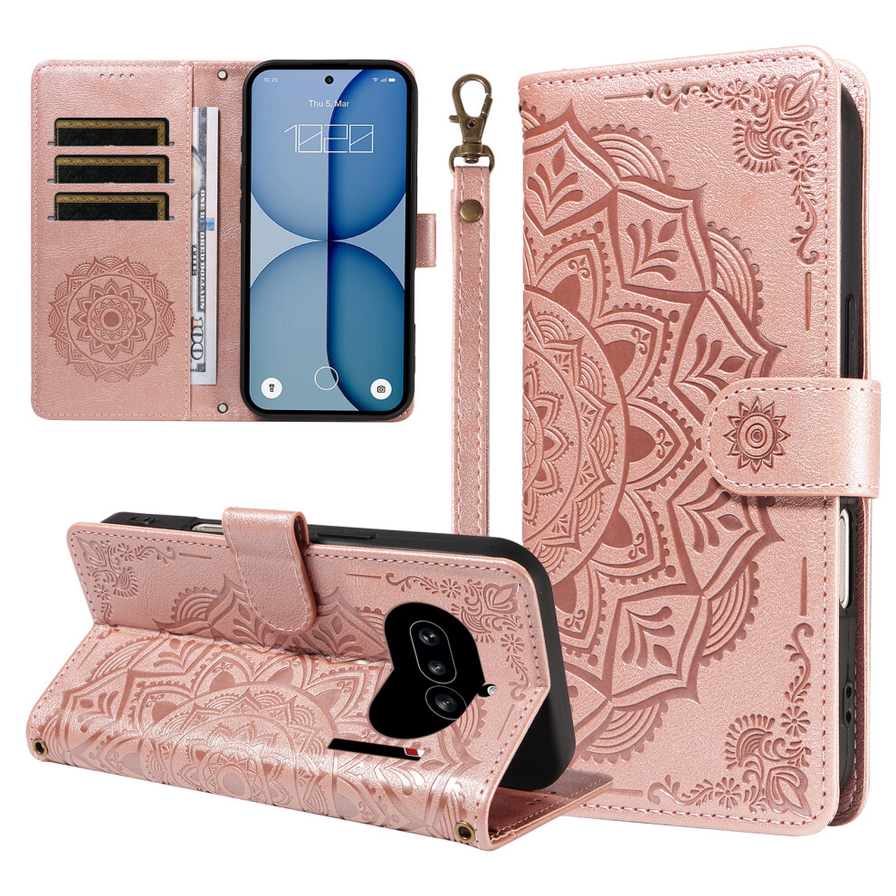 (Rose ) Phone Cover For Nothing Phone (4A) Wallet Case Embossed Mandala Pattern Pu Leather + Tpu Cover With Gold 6914299064459