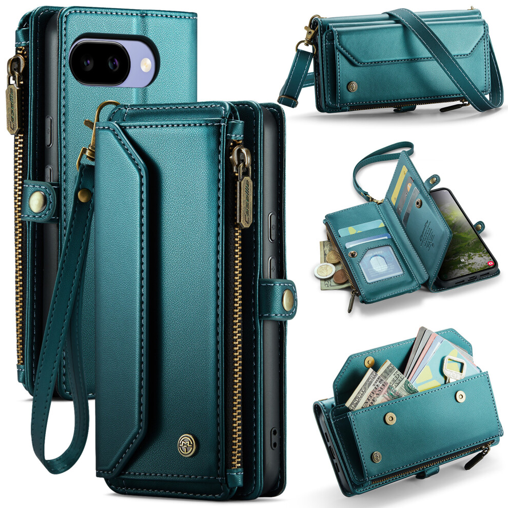 (Green) Phone Cover For Google Pixel 10A C36 Leather Case Zipper 10 Card Slots Phone Cover With Straps Green 6914297219509