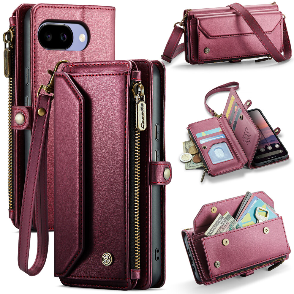 (Wine ) Phone Cover For Google Pixel 10A C36 Leather Case Zipper 10 Card Slots Phone Cover With Straps Red 6914292721908
